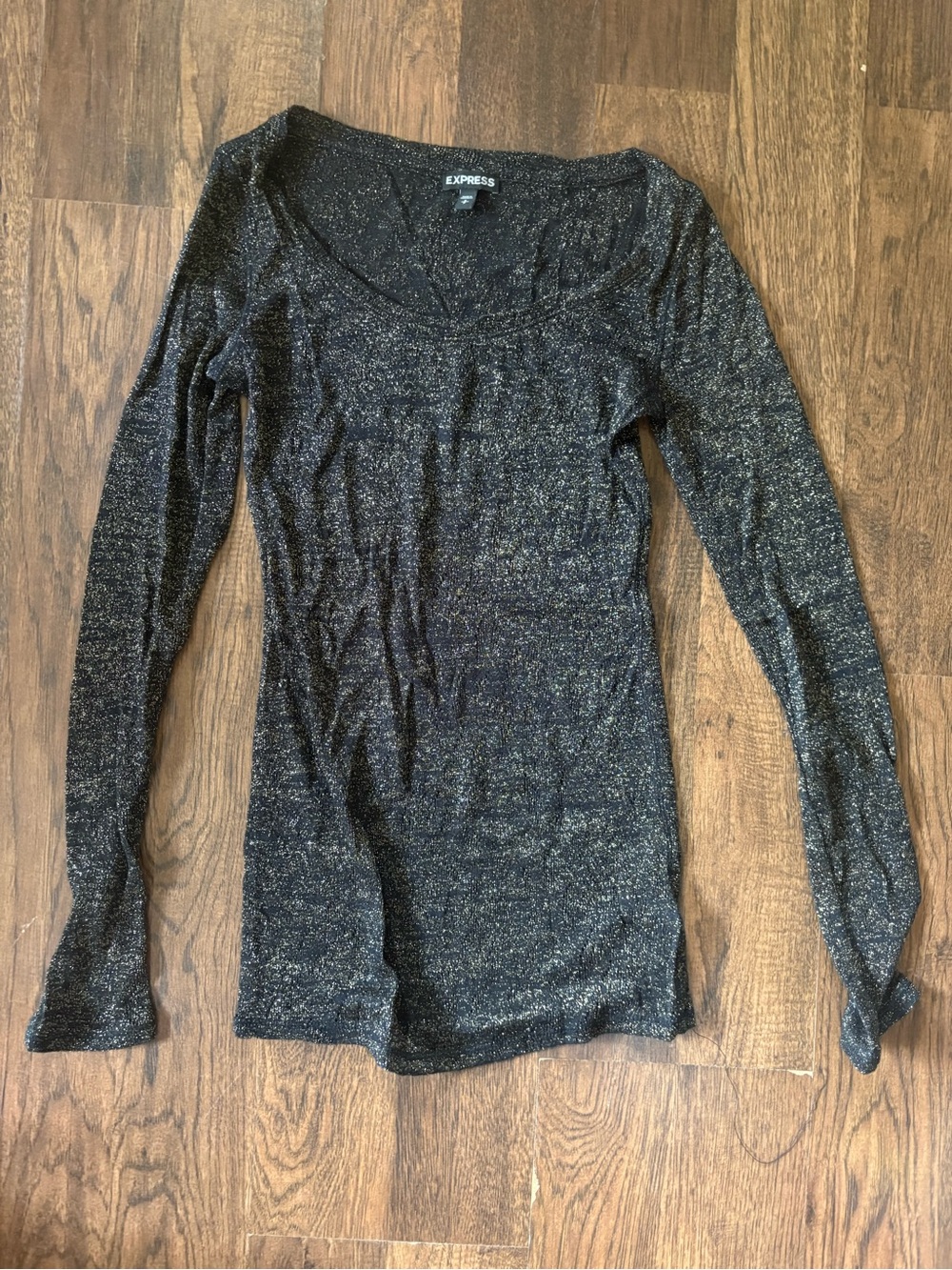 Express Black with Gold Thread Scoop Neck Long Sleeve Top